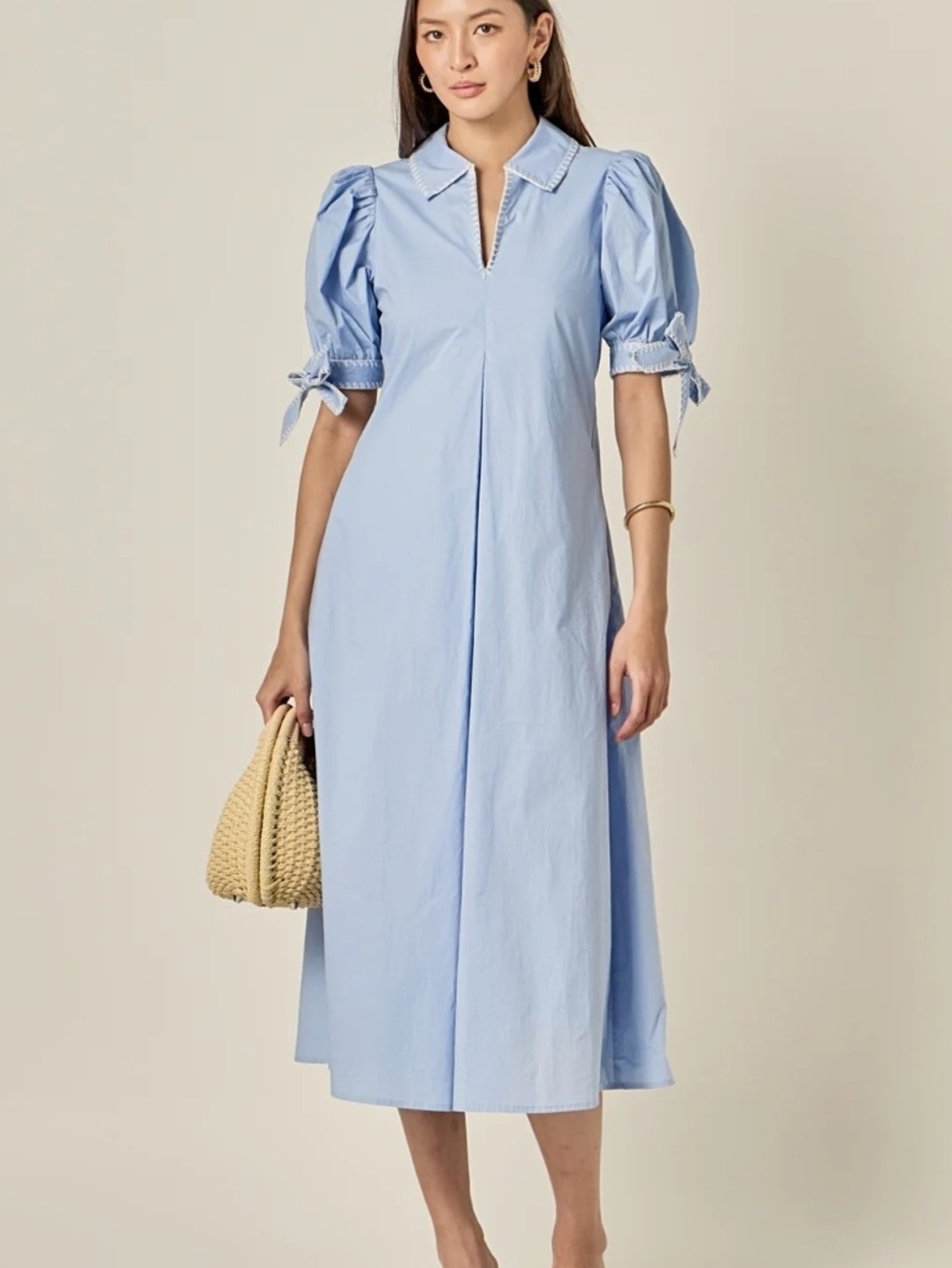 English Factory Sky Blue Puff-Sleeve Midi Dress